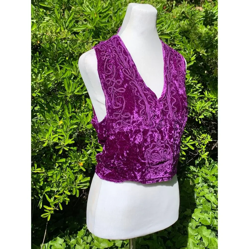 90s Crushed Velvet Festival Top Purple Boho Hippie Embroidery Tie Back Coachella - Picture 7 of 9